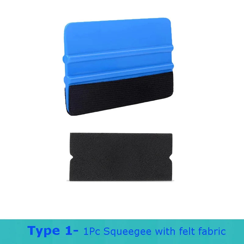 A blue and black squeegee tool kit with felt fabric for vinyl wrap and film application.