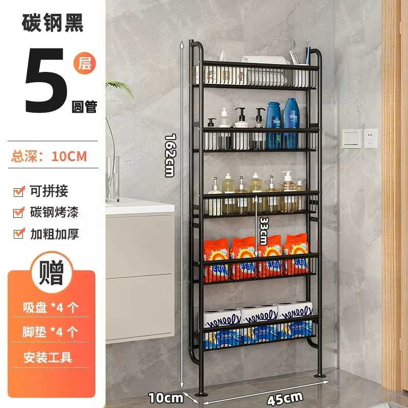 Black slim storage rack with five tiers and adjustable shelves mounted on a wall