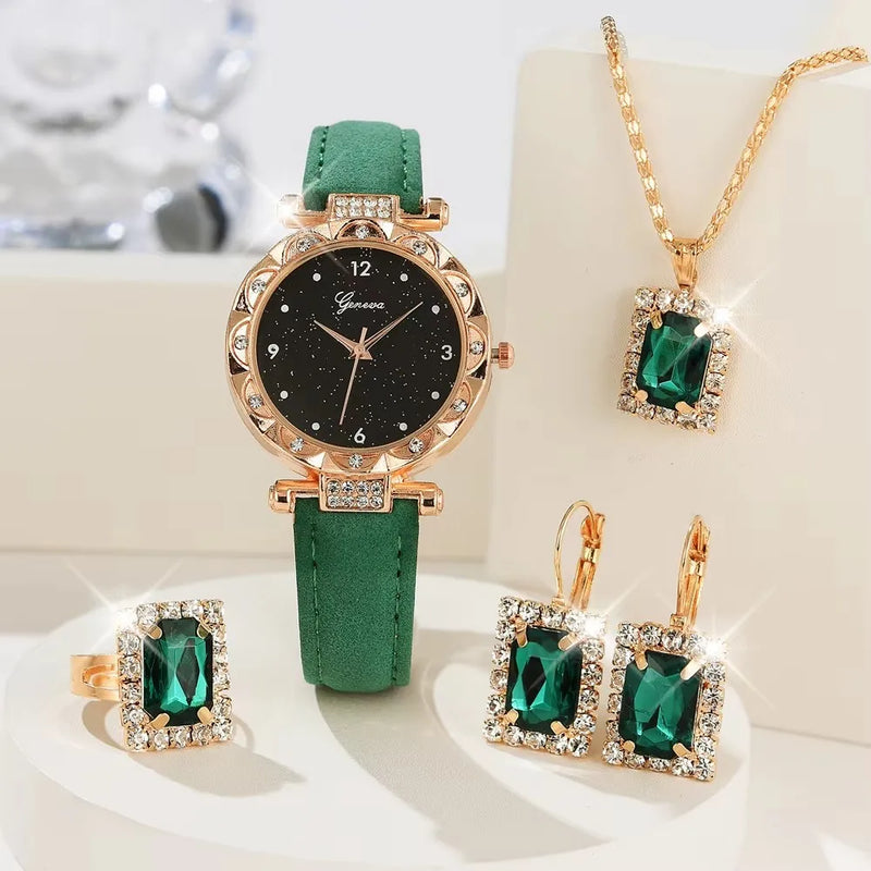 Elegante Quarzuhr mit Strassbesatz und Lederarmband