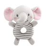 A soft plush baby rattle toy shaped like an elephant with pink ears and gray striped body.