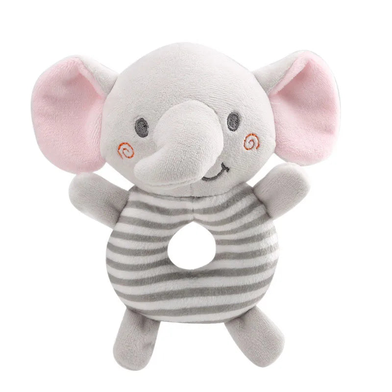 A soft plush baby rattle toy shaped like an elephant with pink ears and gray striped body.