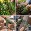 Green gardening gloves with striped grips are shown holding a rose plant and working in soil.