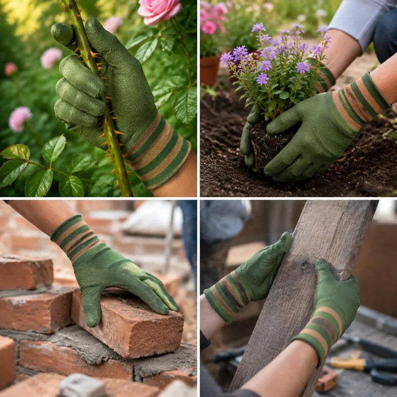 Green gardening gloves with striped grips are shown holding a rose plant and working in soil.