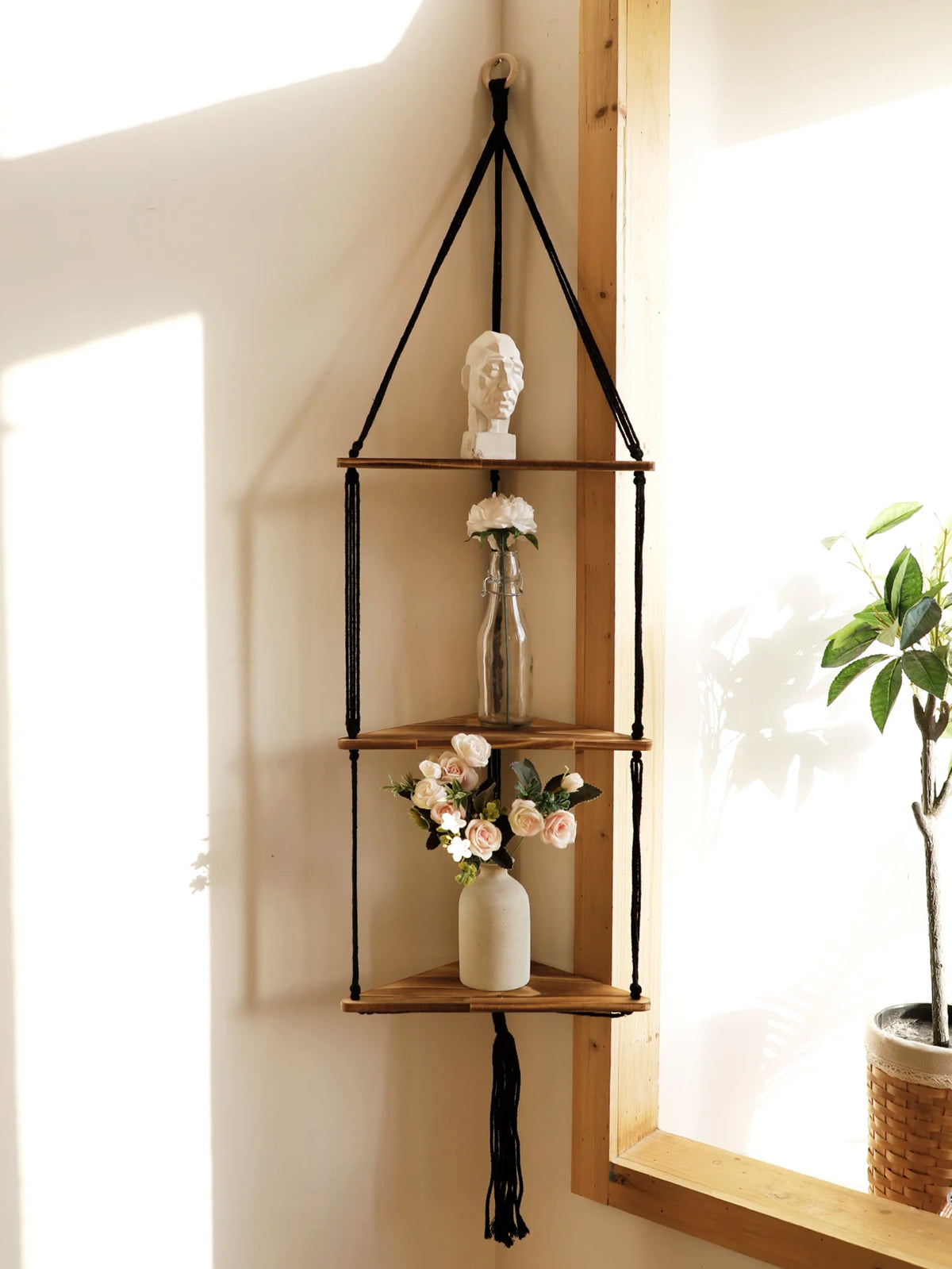 Triangle Wood Floating Wall Shelf with Macrame Rope