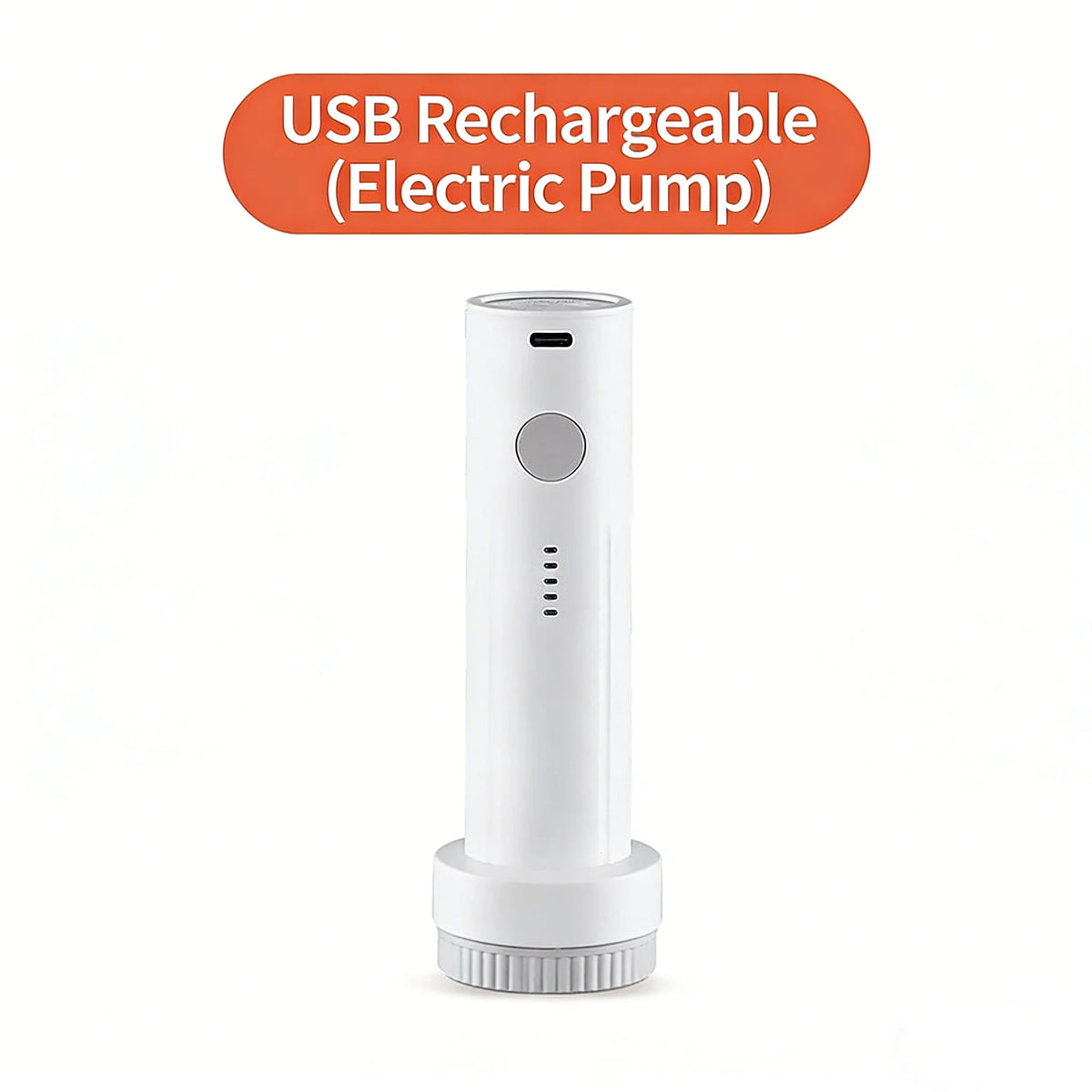A white portable electric vacuum pump for storage bags with a round top and a button.