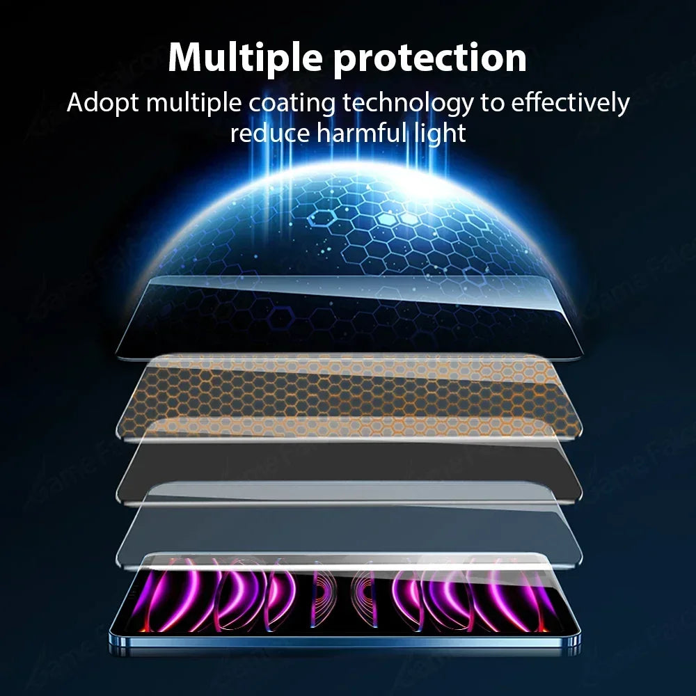 A stack of three layered glass screen protectors demonstrating multiple protection technology for reducing harmful light.