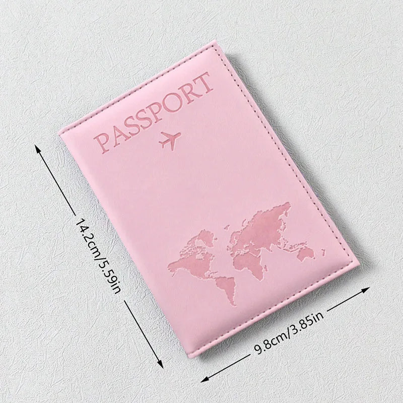 A pink PU leather passport holder featuring a faint world map design and an airplane icon.