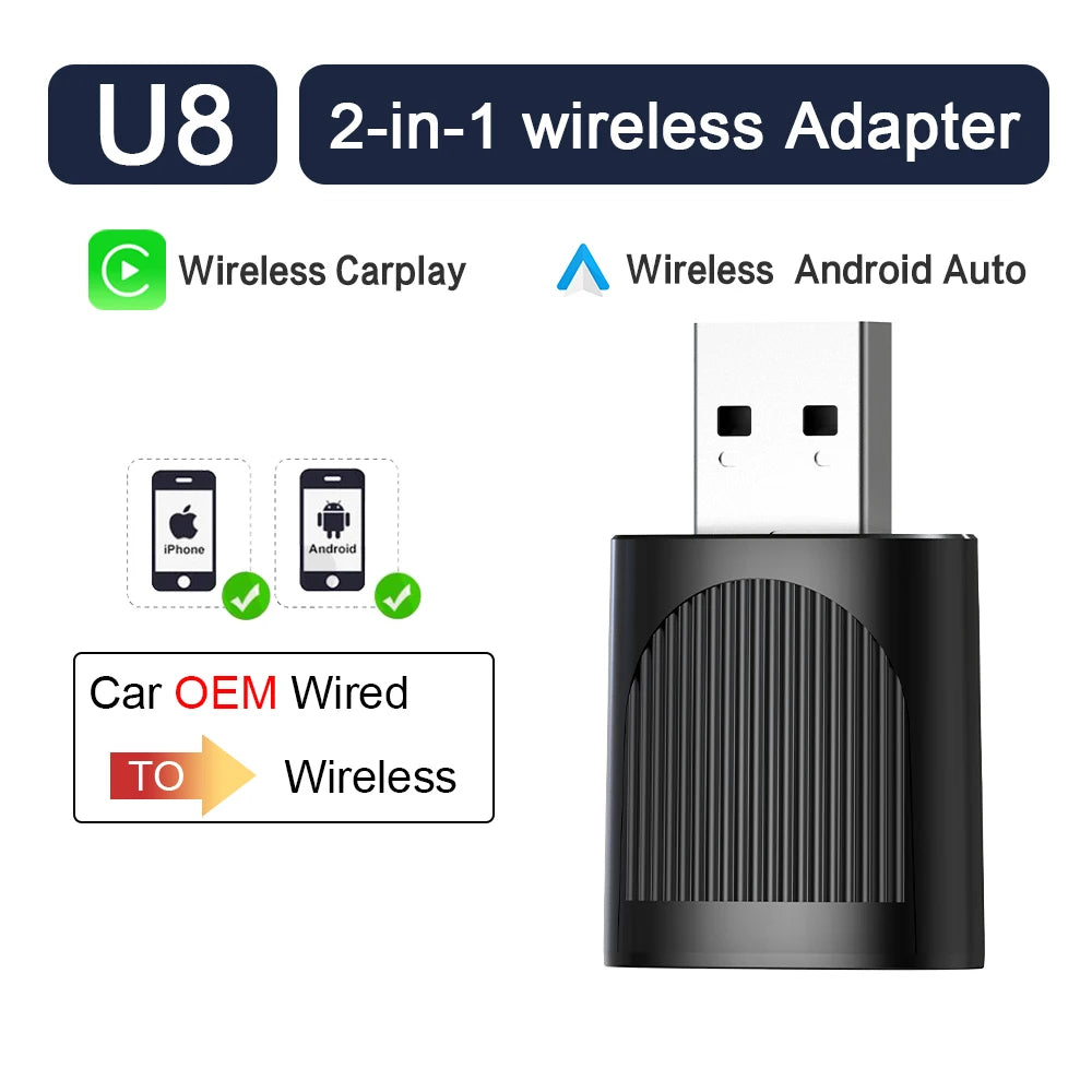 Adaptador inalámbrico 2 en 1 negro para smartphones, con Wireless CarPlay y Android Auto, opción de conversión