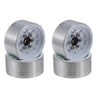 A pair of silver steel beadlock wheels for 1/24 RC crawlers, shown in a side view.