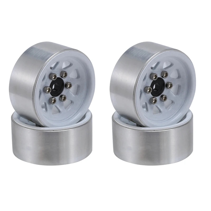 A pair of silver steel beadlock wheels for 1/24 RC crawlers, shown in a side view.