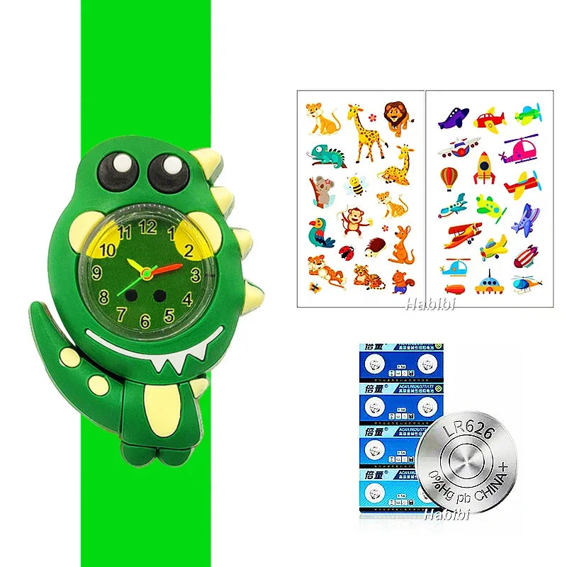 A green digital watch shaped like a dinosaur with a silicone band and a display of various dinosaur figures.