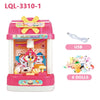 Pink mini claw crane machine for kids with lights and music featuring six dolls