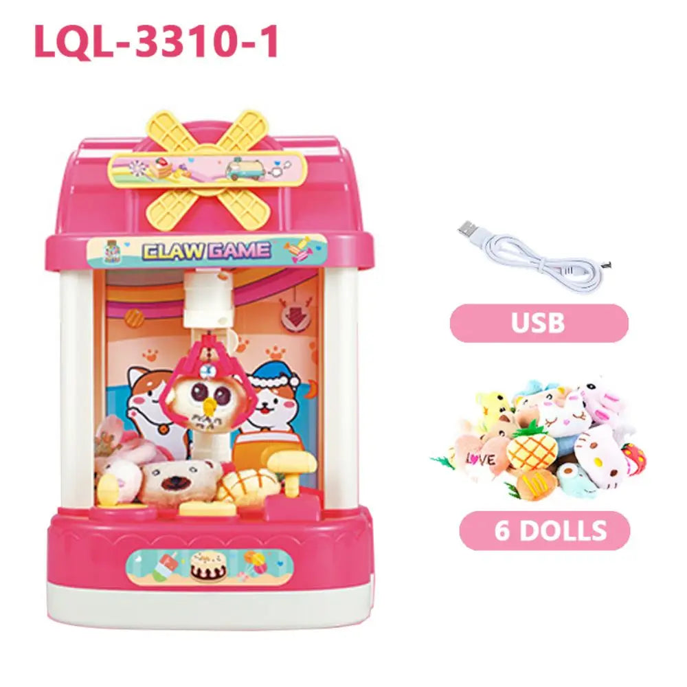 Pink mini claw crane machine for kids with lights and music featuring six dolls