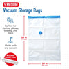 A white vacuum storage bag with a blue seal and a hand pump is shown, demonstrating its use for storing items.