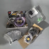 A set of four metal spinning tops in various colors and packaging, including a box and plastic bags.