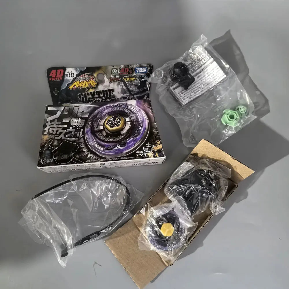 A set of four metal spinning tops in various colors and packaging, including a box and plastic bags.