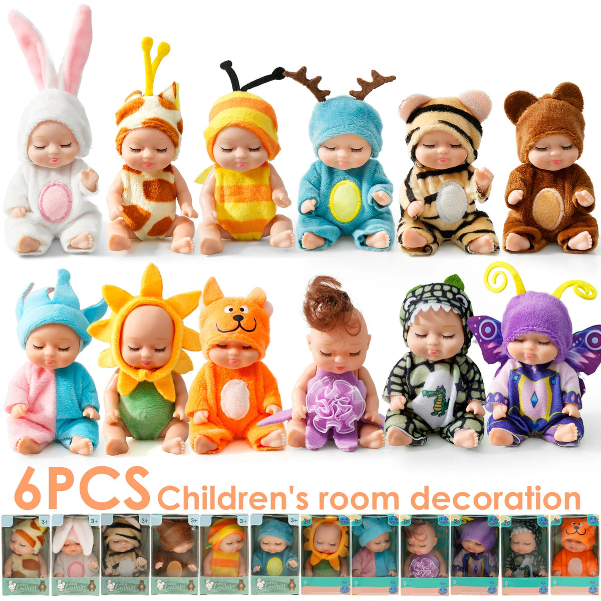 A collection of six mini reborn baby dolls with various outfits and accessories for children's room decoration