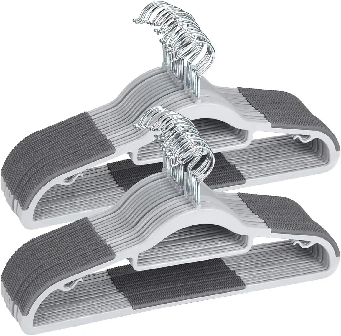 A set of five anti-slip heavy-duty plastic hangers with rotating hooks in silver and gray.