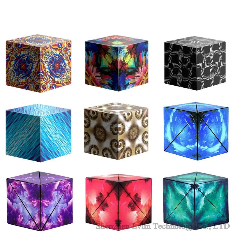 A collection of nine colorful magnetic fidget cubes in various geometric shapes and patterns.