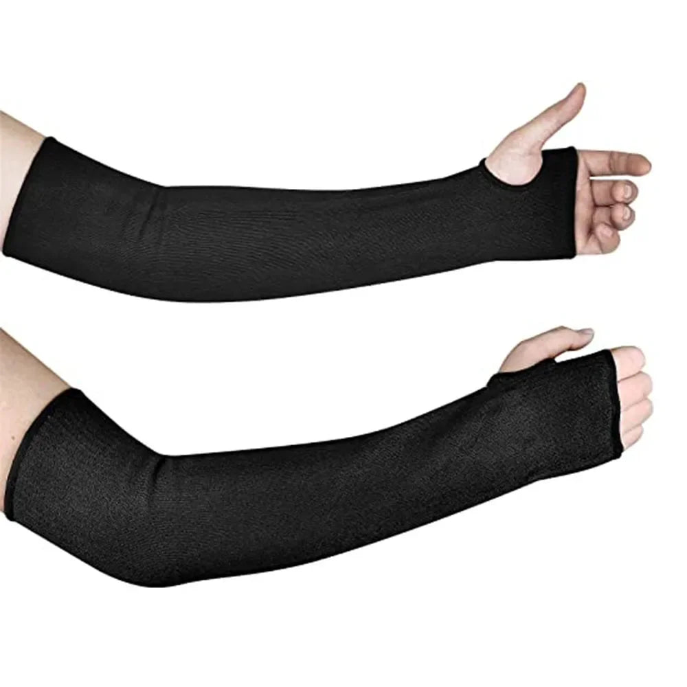Black cut-resistant arm sleeves worn on the forearm and hand.