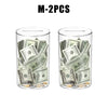 Two clear acrylic piggy banks filled with US currency bills and coins.