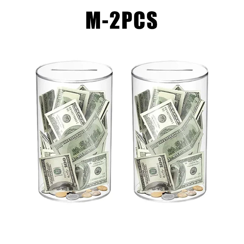 Two clear acrylic piggy banks filled with US currency bills and coins.