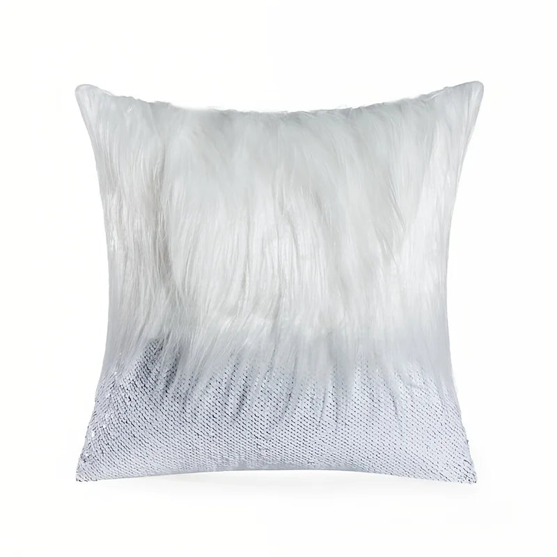 A square decorative pillow cover made of silver and gold sequin fur.