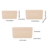A light beige felt bag organizer showing various sizes and dimensions of the product.