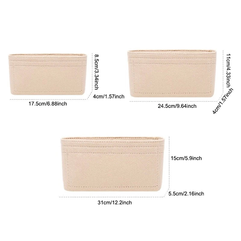 A light beige felt bag organizer showing various sizes and dimensions of the product.