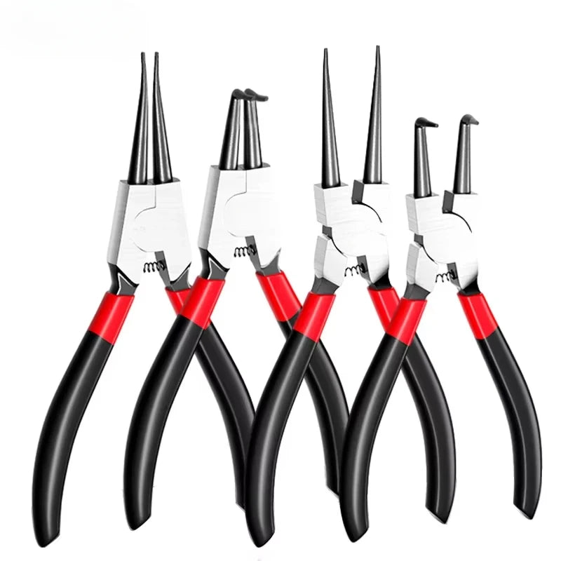A set of black and white dual-use circlip pliers for gripping internal and external retaining rings.