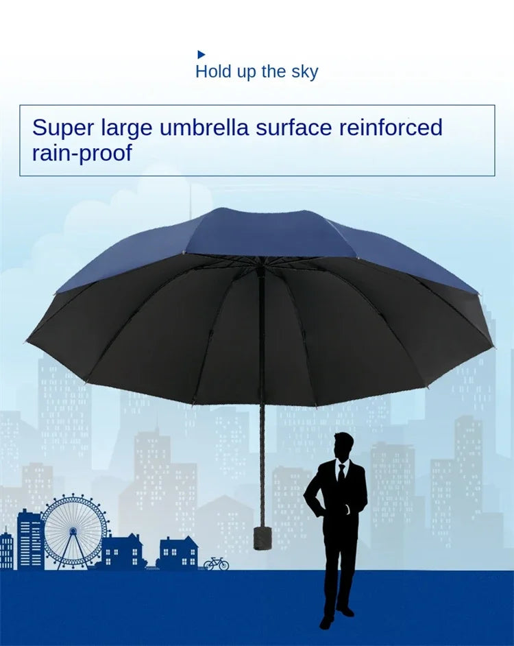 A large black umbrella is held up against a blue sky above a cityscape.