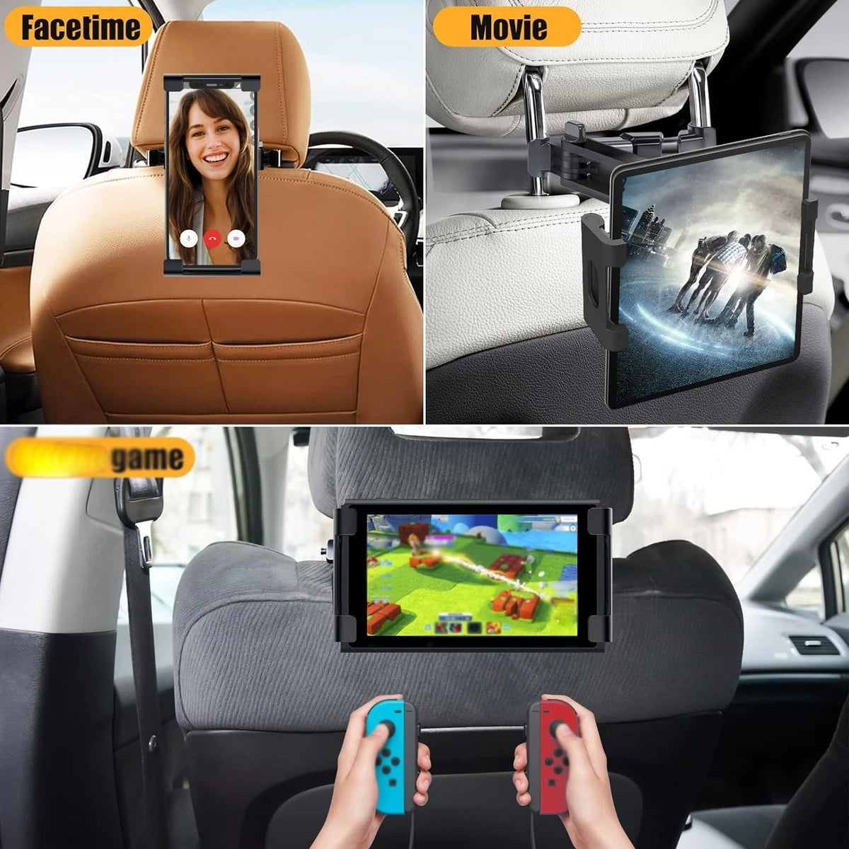 A display mounted on a car headrest showing a movie, a photo, and a game interface.