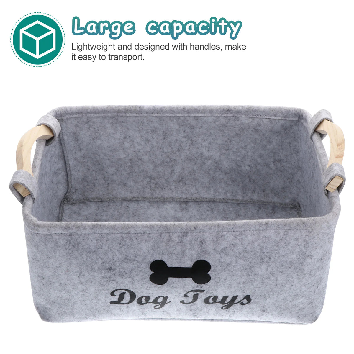 Gray felt pet toy storage basket with wooden handles labeled Dog Toys