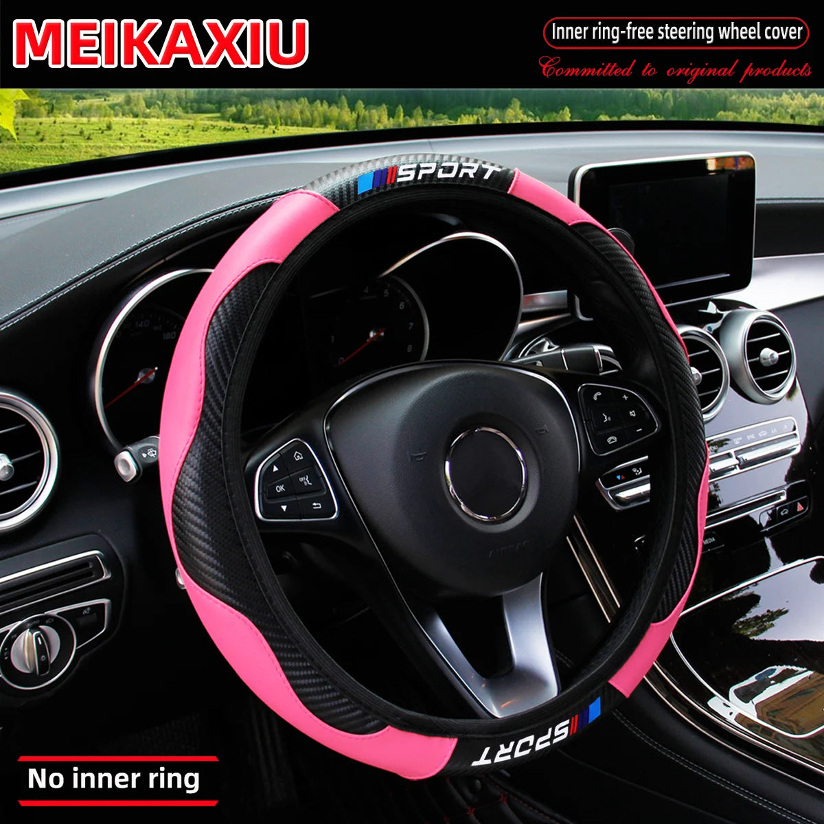 Pink carbon fiber steering wheel cover for a car, shown inside the vehicle cockpit.