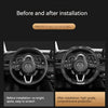 Before and after installation comparison of a carbon fiber steering wheel cover for a Mazda vehicle.