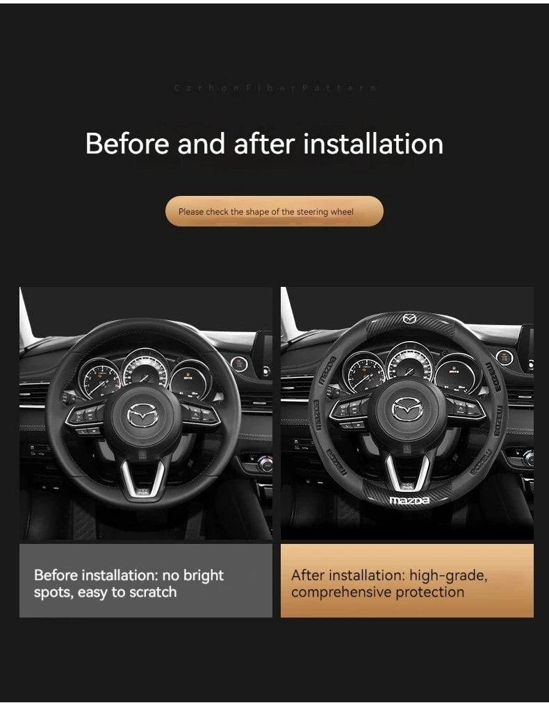 Before and after installation comparison of a carbon fiber steering wheel cover for a Mazda vehicle.