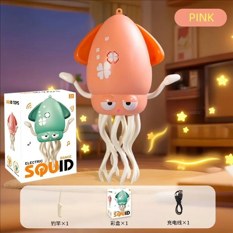 A pink octopus toy with tentacles is displayed next to its packaging and accessories.