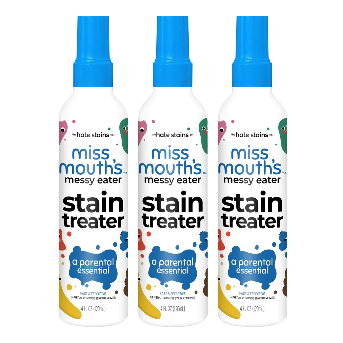 Three bottles of Miss Mouth's stain treater spray in blue and white packaging