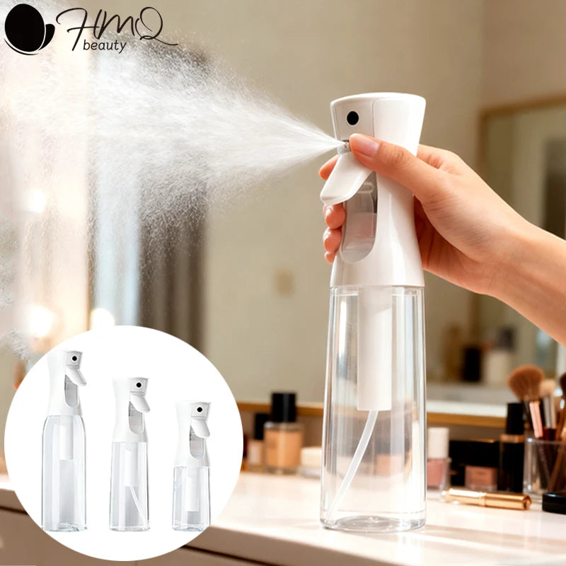 A hand sprays a fine mist from a clear glass bottle, demonstrating the refillable and portable continuous spray function.