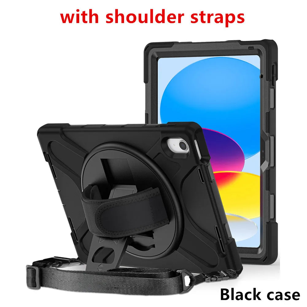 Black shockproof case with shoulder straps and stand for an iPad