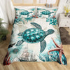 A duvet cover set featuring a large sea turtle design in teal and green tones on a white background.