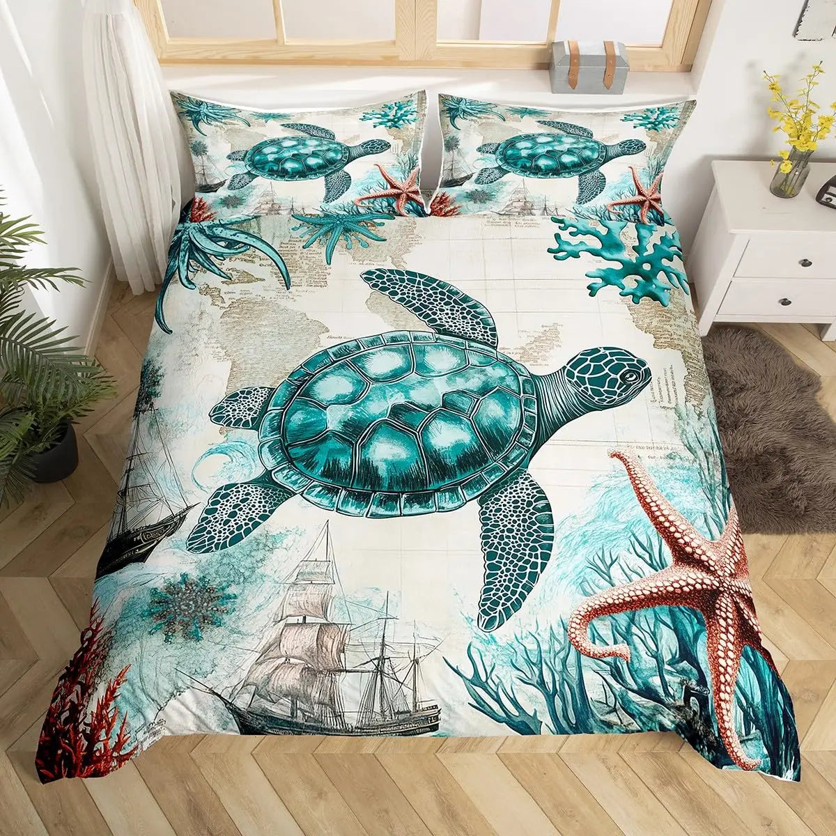 A duvet cover set featuring a large sea turtle design in teal and green tones on a white background.
