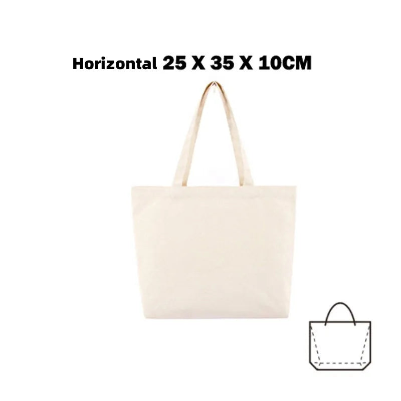 A beige canvas shopping tote bag with handles shown flat.