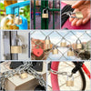 A collection of mini copper padlocks and various locks shown in different contexts like on pipes, fences, and chains.