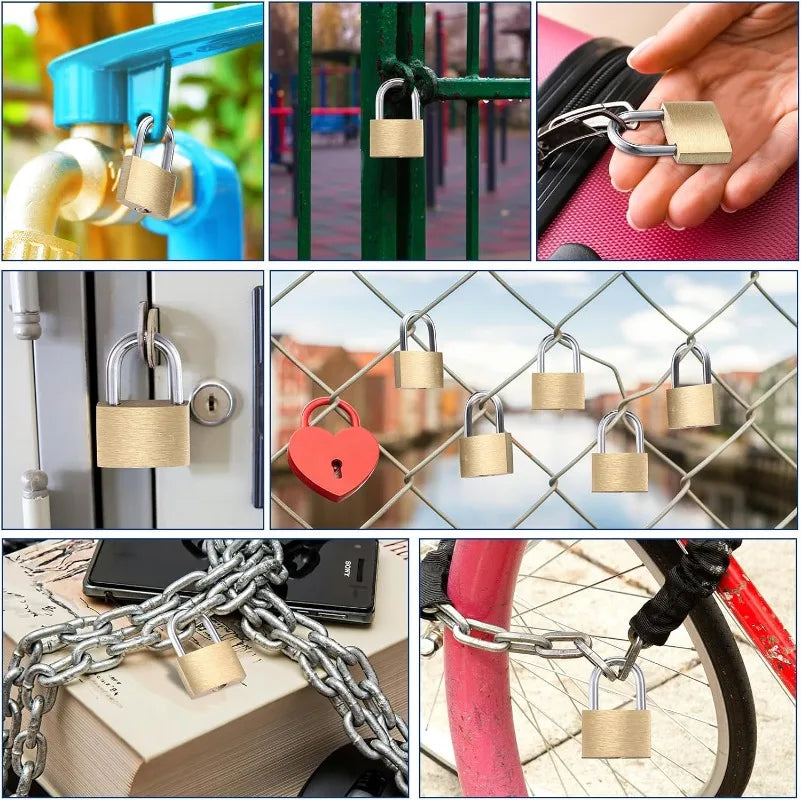 A collection of mini copper padlocks and various locks shown in different contexts like on pipes, fences, and chains.