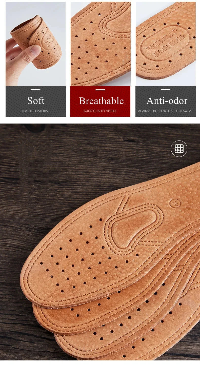 A close-up view of genuine leather insoles for men showing the breathable perforated design.