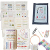 A collection of hand embroidery stitch guides and patterns for beginners, featuring various stitches like herringbone, ladder