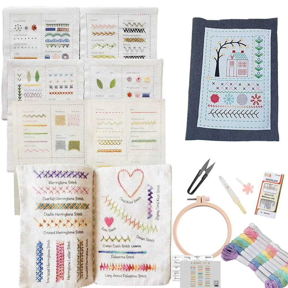 A collection of hand embroidery stitch guides and patterns for beginners, featuring various stitches like herringbone, ladder