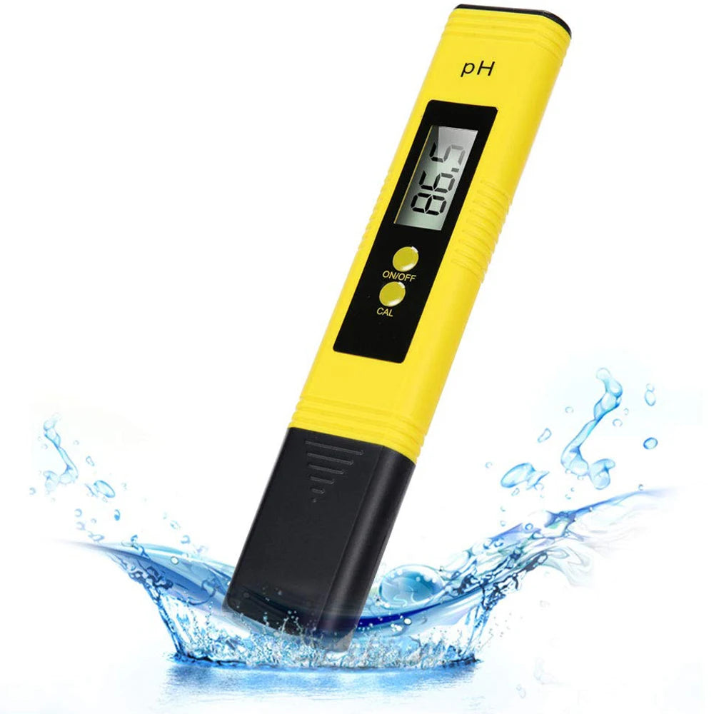 A yellow digital pH and TDS water tester is shown with water splashing around it.