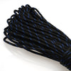 A bundle of black paracord rope with blue markings is shown diagonally.